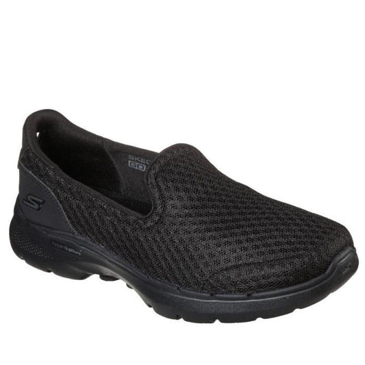 Skechers Go Walk 6 WIDE Width Big Splash is a comfy all black women’s slip-on shoe with mesh upper, soft sole, and easy fit for walks.  ksnz