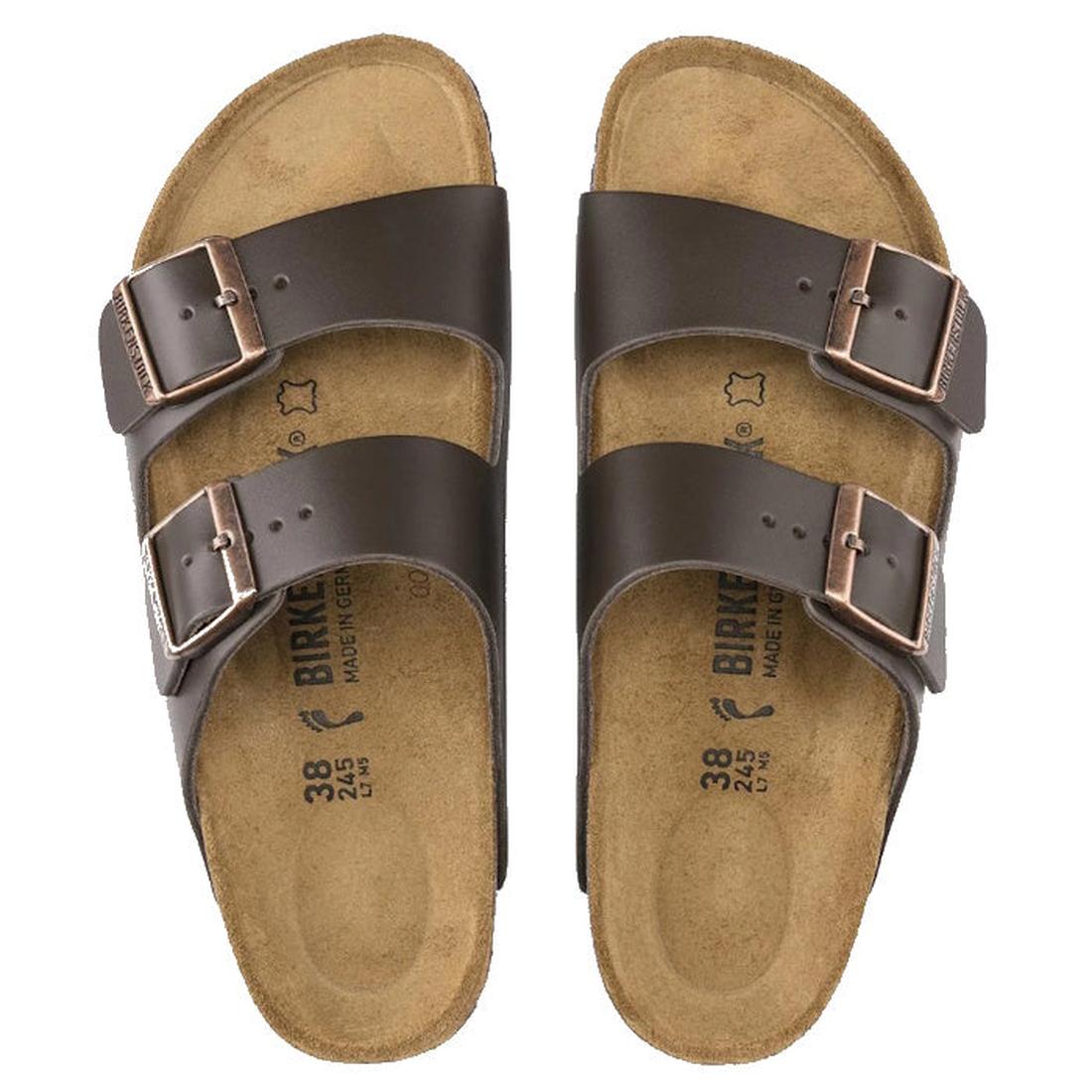 Pair of brown leather birkenstock narrow width  sandals. Top down view showing 2 leather straps, suede foot bed  and metalliic buckles on a white background., 
4013871078616,4013871018407,4013871019466,4013871019558,4013871045779,4013871058250,40138710591, 4013871074724, 4013871059127, birb43, birb44, birb45, birb46