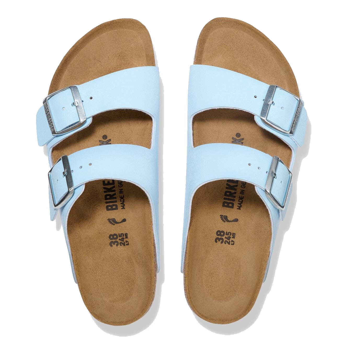A pair of Birkenstock Arizona Finished Sky Blue Birkibuc – Regular Fit sandals with two silver buckles, shown from above on a white background. The tan insoles display branding and size info in black on a cork-latex footbed., 4067707550128, 4067707550166,