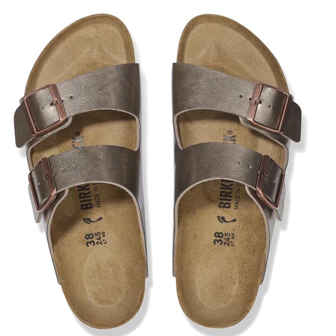 Top down view of Birkenstock arizona Slide  sandals in Graceful metallic taupe with double buckle straps on a white background.,
4067707034901,
4067707034949,
4067707034987,, 45104, 45105, 4067707034864, 4067707034901, 4067707034949, 4067707034987, 45110,