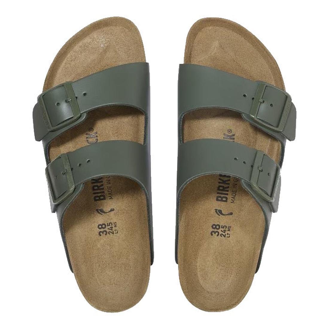 A top view of Birkenstock Arizona Smooth Leather Thyme sandals, regular width, featuring two adjustable buckle straps, cork footbed, and size and brand markings., 45282, 45283, 45284, 4066648927563, 4066648927600, 4066648927648, 4066648927686, 40666489277