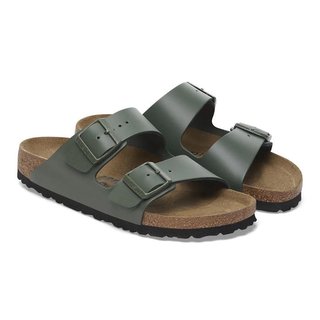 A pair of Birkenstock Arizona Smooth Leather Thyme Regular Width sandals featuring adjustable two-strap buckles, cork footbeds, and black textured rubber soles, displayed on a white background., 45282, 45283, 45284, 4066648927563, 4066648927600, 406664892