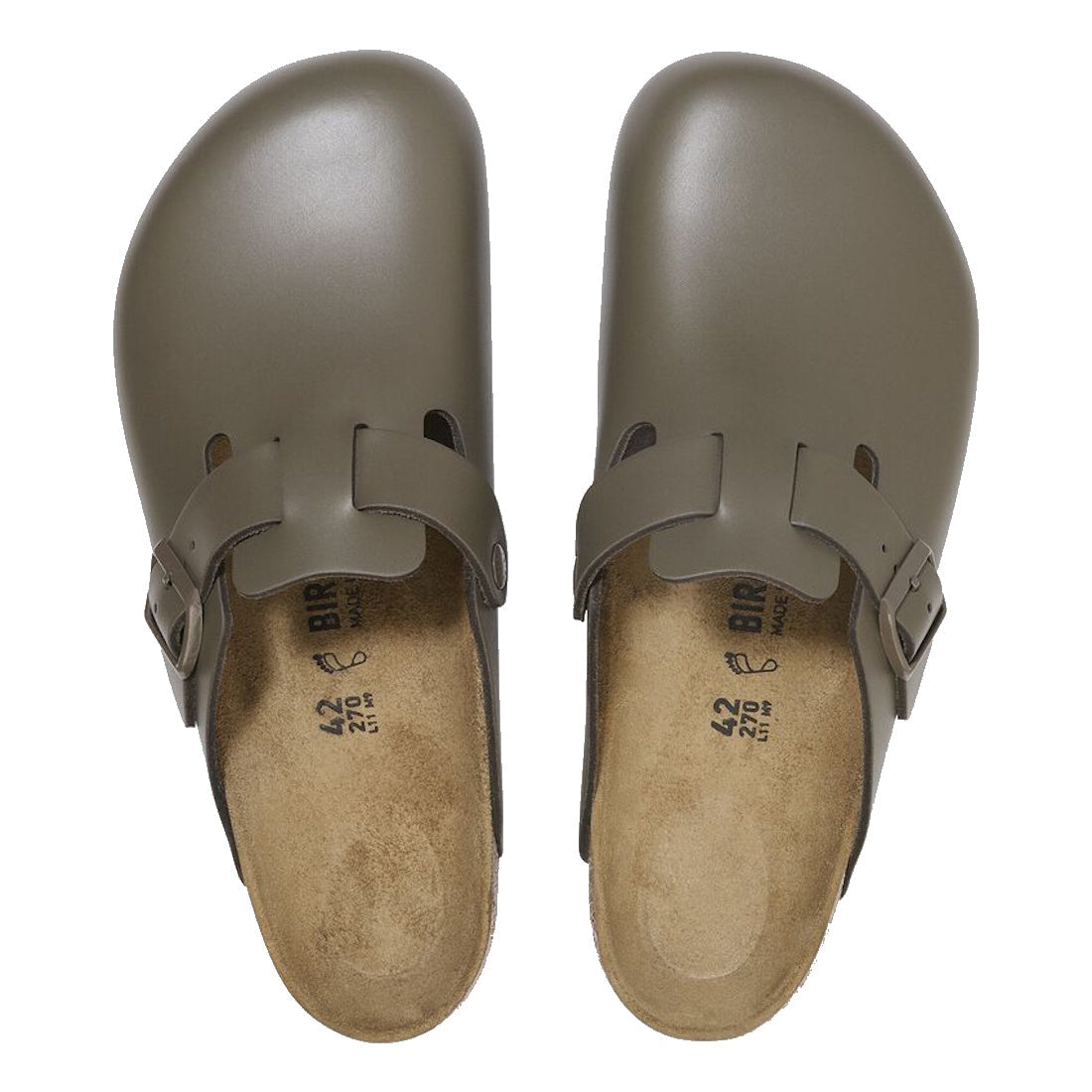 Top view of a pair of Birkenstock Boston Clog Smooth Leather Regular in Concrete Grey Dark, size 42, featuring buckled straps and contoured cork-latex footbeds. The left clog is slightly higher than the right., 4066648924166, 4066648924203, 4066648924241,, 4066648924289, 4066648924326, 4066648924364, 4066648924401, 4066648924449, 4066648924487