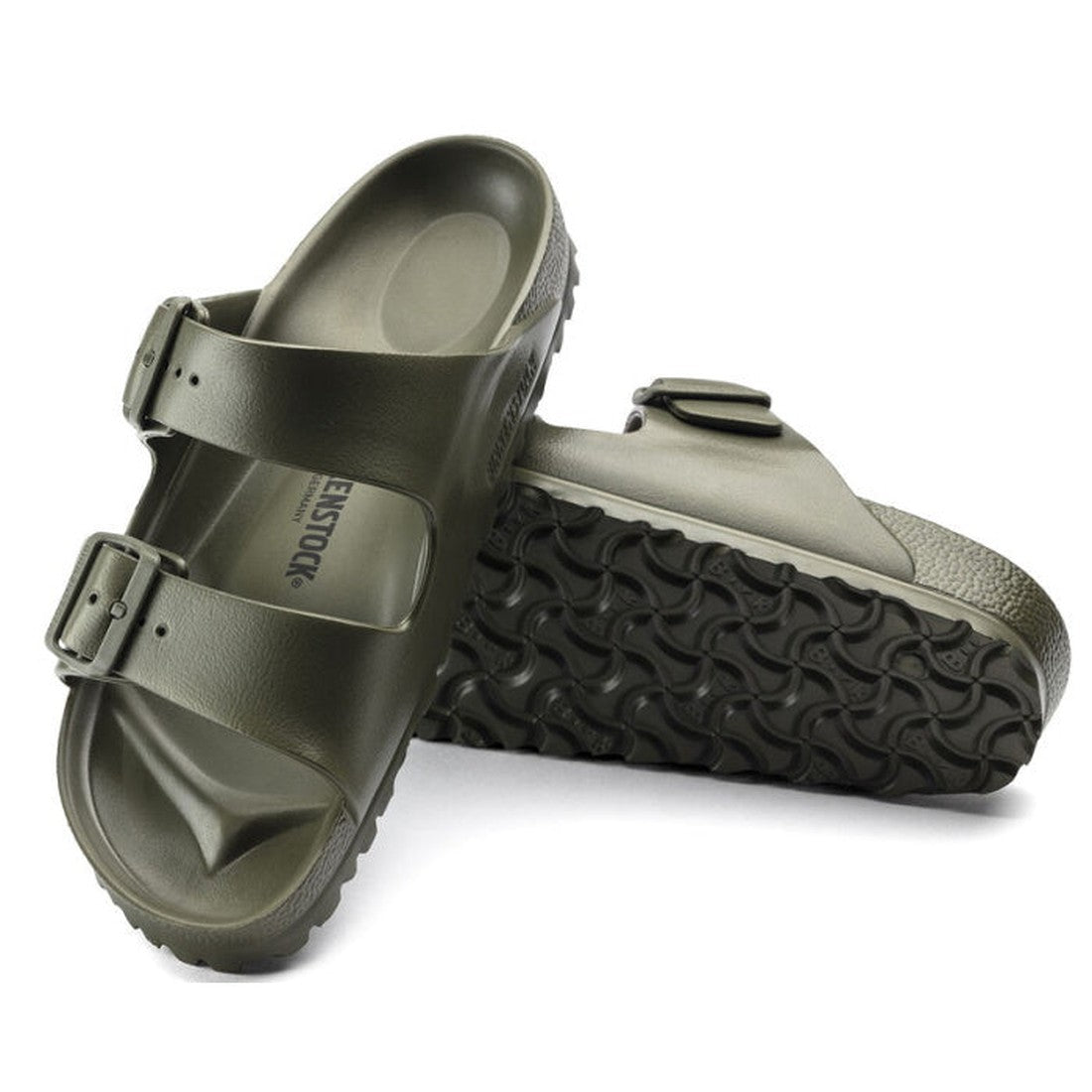 a pair of Birkenstock Arizona EVA Khaki Narrower Width with double straps, one over the foot and one over the toes with buckle adjustment. Staps are linked at the sides of the foot. Made of EVA a plastic like material, suitable fot being around water