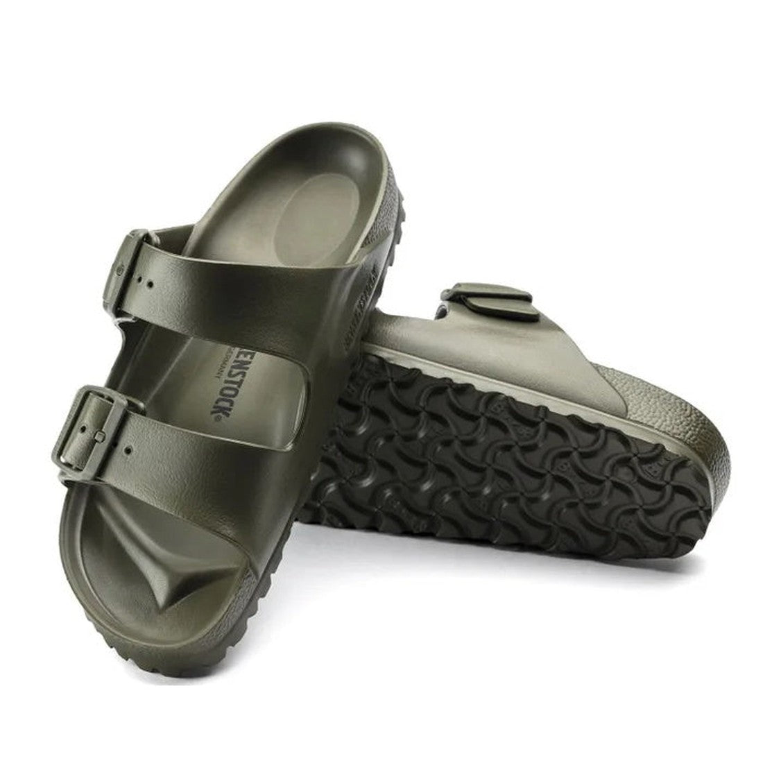 a pair of Birkenstock Arizona EVA Khaki Regular Width with double straps, one over the foot and one over the toes with buckle adjustment. Staps are linked at the sides of the foot. Made of EVA a plastic like material, suitable fot being around water