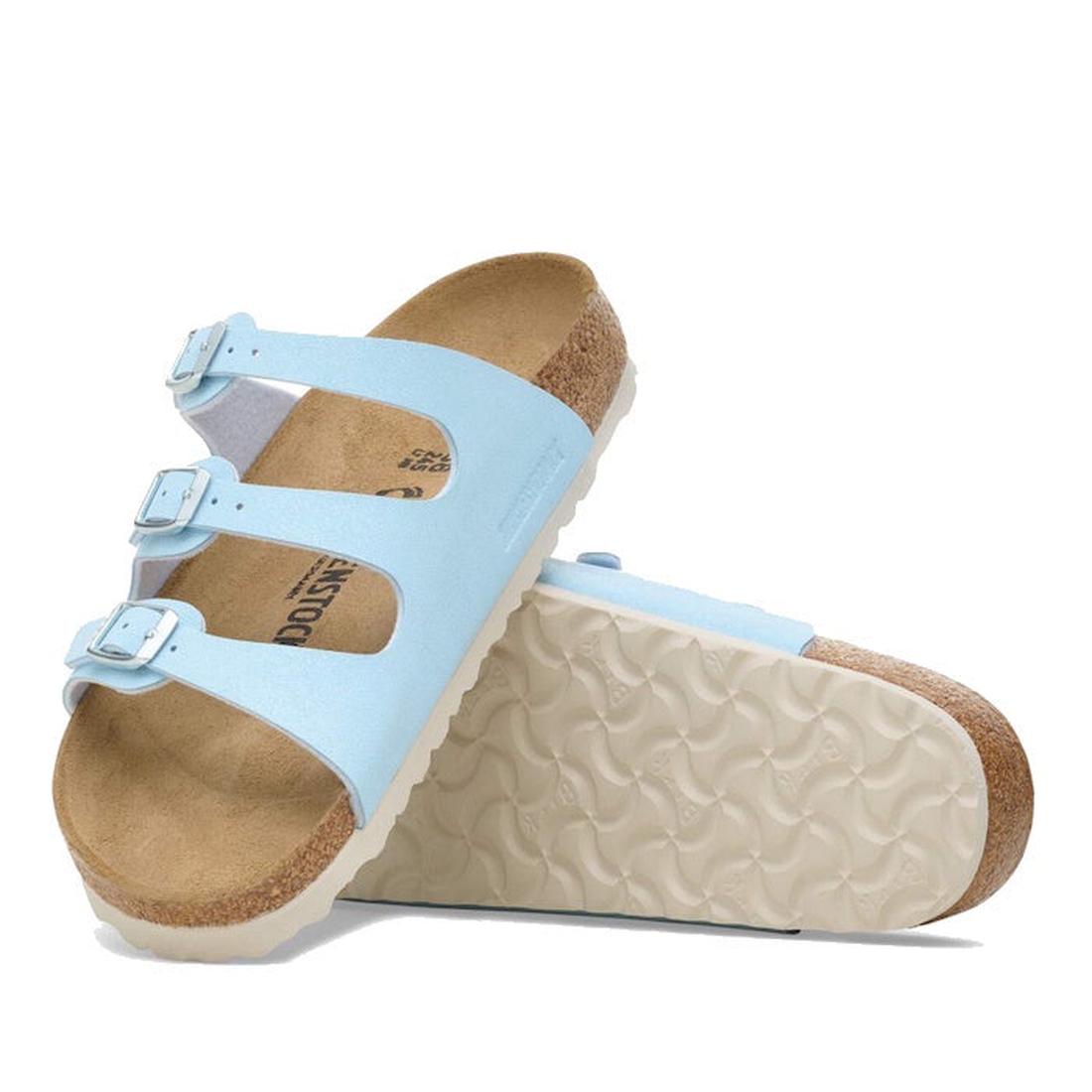 A pair of Birkenstock Florida Finished Sky Blue Birkibuc sandals (regular width) featuring three straps, cork footbeds, and textured white soles. One sandal stands upright; the other leans, highlighting the wavy tread.