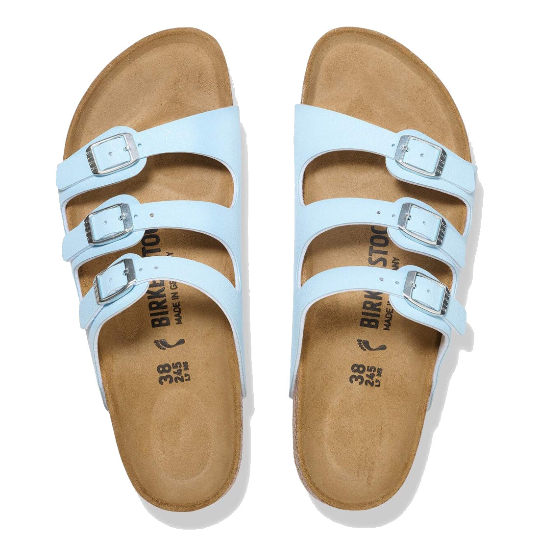 A pair of Birkenstock Florida Finished Sky Blue Birkibuc sandals with three adjustable buckle straps, regular width, shown from above on a white background., 48724, 4067707274567, 4067707274604, 4067707274642, 4067707274680, 4067707274727