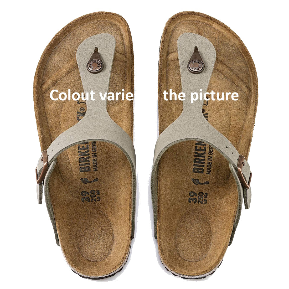 A pair of Birkenstock Gizeh BirkiBuc Stone Grey sandals, regular width, with buckled leather straps and a contoured cork footbed, viewed from above. White text on the sandals reads, "Colout varie the picture., 48753, 48754, 4013871810414, 4013871810421, 4