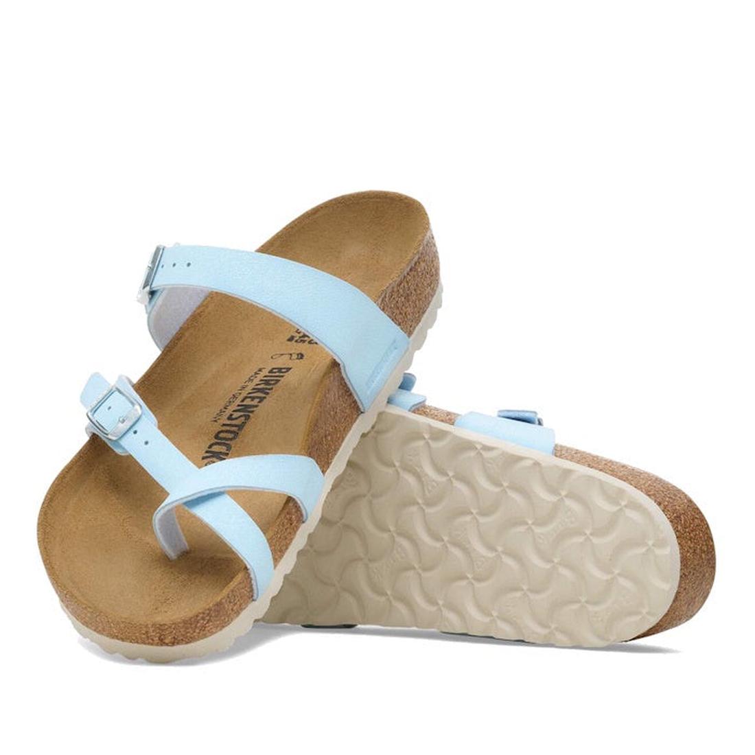 A pair of Birkenstock Mayari Birko Flor Birkibuc Finished Sky Blue sandals (regular width) with cork soles, one lying flat and the other propped to display the textured white sole.
