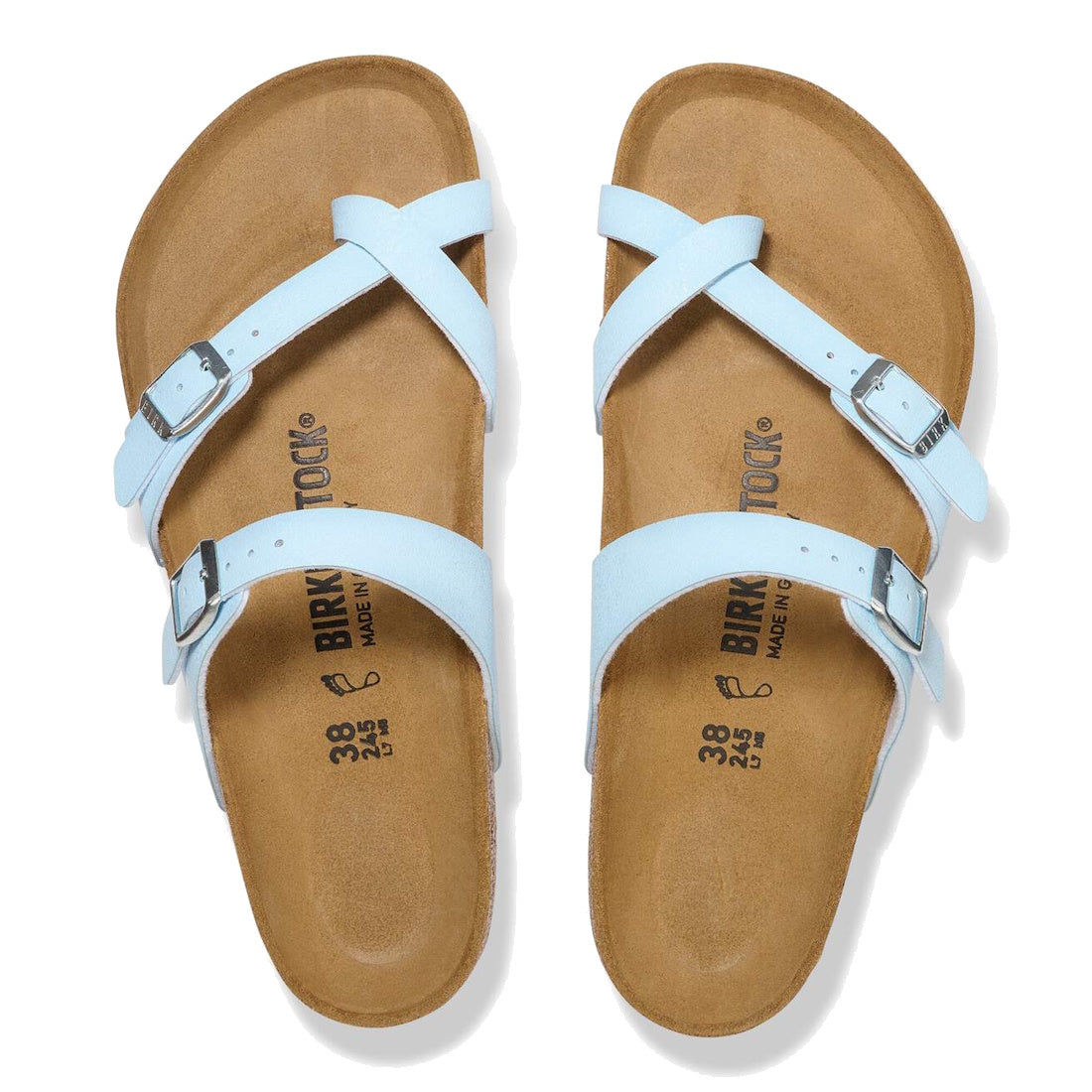 A pair of Birkenstock Mayari Birko Flor Birkibuc Finished Sky Blue sandals in regular width, featuring cork footbeds and two crisscrossing straps with silver buckles, viewed from above., 4067707274901,
4067707274949,
4067707274987,
4067707275021,