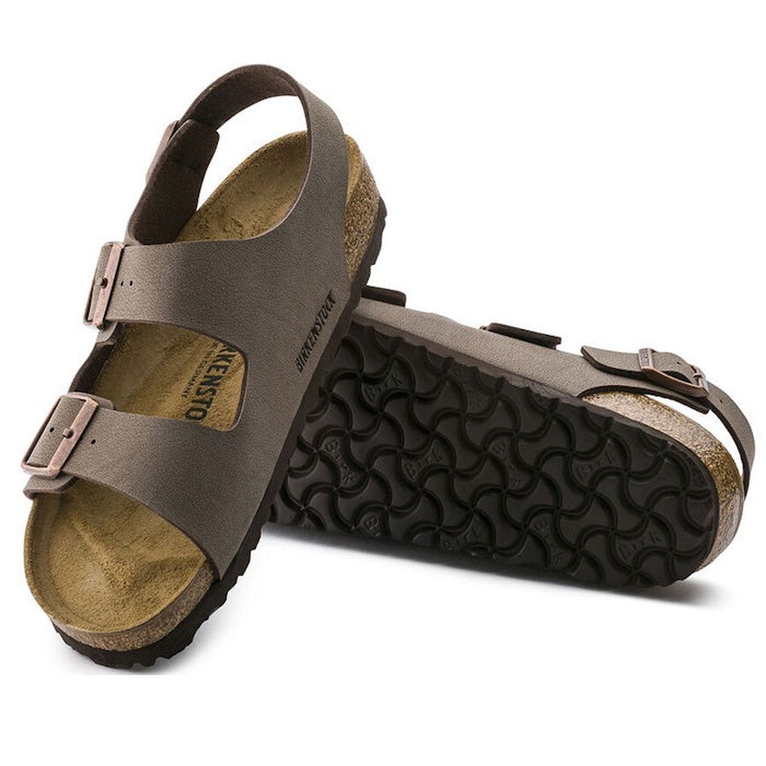 A pair of Birkenstock Milano Birkibuc Flor Mocha sandals (regular width) with two adjustable buckle straps, a comfortable cork footbed, a supportive backstrap, and a textured black sole. One sandal is upright, the other on its side.