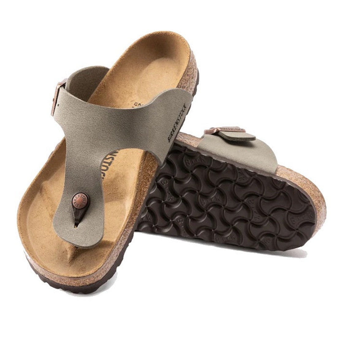 A pair of Birkenstock Ramses Birkibuc Stone Regular Width sandals, featuring cork-latex footbeds and dark patterned rubber soles. One sandal is upright; the other is tilted to display the sole and footbed.