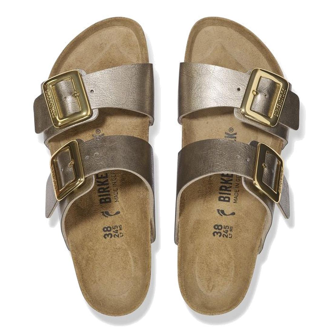 Pair of Birkenstock sandals with metallic straps on a white background, top down view,
4066648998228,
4066648998266,
4066648998303,, 45674, 4066648998181, 4066648998228, 4066648998266, 4066648998303, 4066648998341