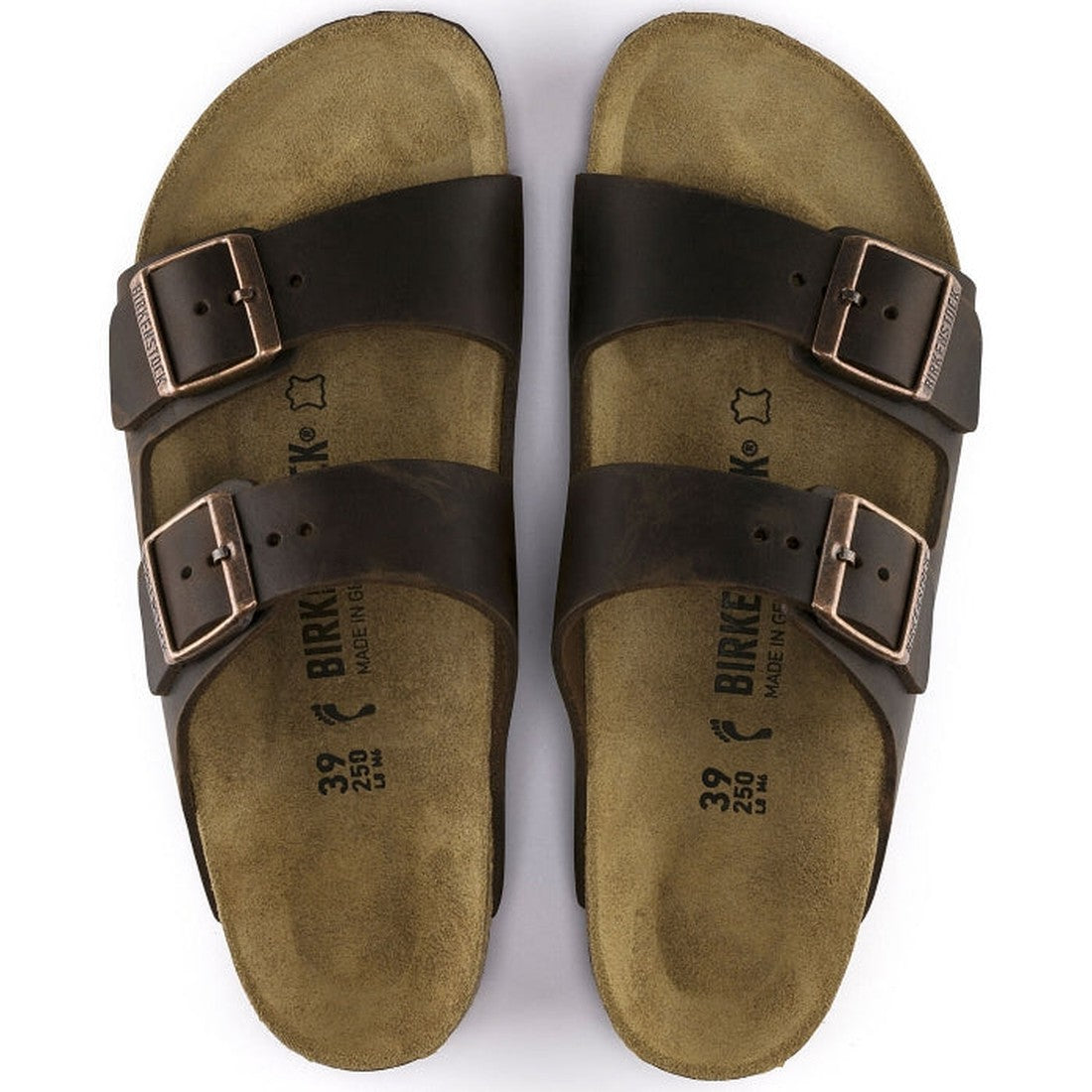 Top down view of a pair of Habana Brown Arizona Oiled Leather Slides showing the 2 straps across the top of the foot, adjsutable buckles and suede foot bed.,
4040714437545,4040714437521,4040714437538,4040714437552,4040714437569,4040714437576,4040714437583