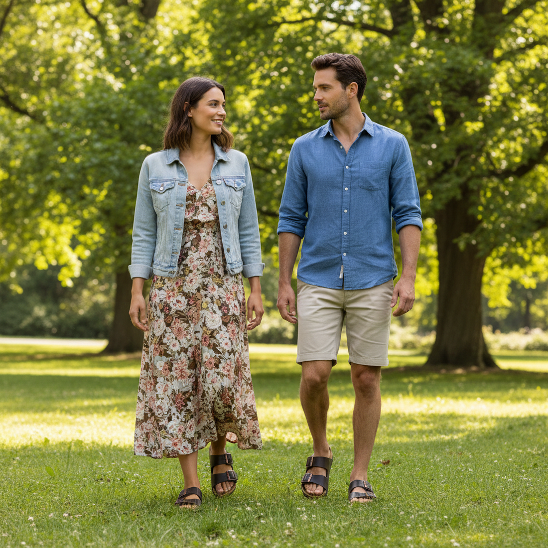 A woman in a floral dress and denim jacket walks with a man in a blue shirt and beige shorts through a sunny park, both smiling as they stroll beneath the trees, showing off their BIRKENSTOCK Arizona Smooth Leather Dark Brown sandals.,
4013871066453,
4013