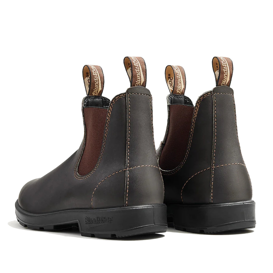 Blundstone 500 Stout Brown Chelsea Boots in water-resistant leather with pull tabs, elastic sides, and sturdy black soles, rear view.  ksnz