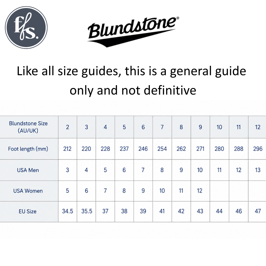 A sizing chart for Blundstone Boots only compares NZ/UK Men’s sizes 2–12 to foot length (mm), USA Men, NZ/USA Women, and EU sizes. Note: Blundstone sizing is unique—use as a guide only., 