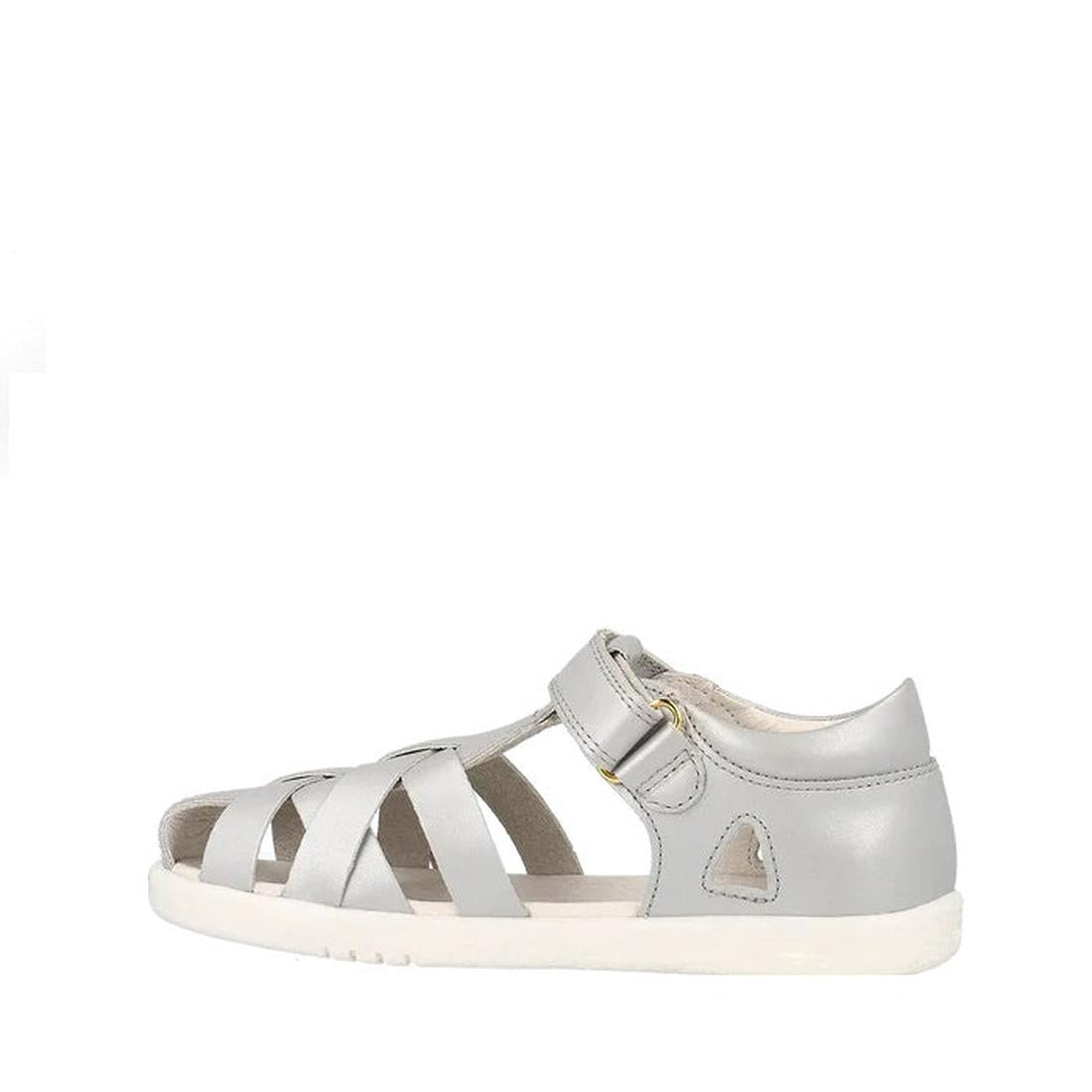 The Bobux Kids Plus KP Tropicana II Metallic Silver Quick Dry Sandal 838320 is a kids' summer sandal in metallic silver with multiple straps, a white sole, closed heel, Velcro ankle strap, and side cutout in quick-dry leather., 9420075778146, 942007577332