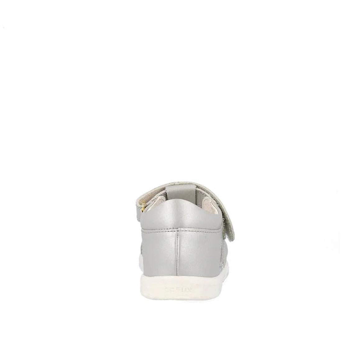 The Bobux Kids Plus KP Tropicana II Metallic Silver Quick Dry Sandal 838320, shown from the back with a white sole and closed heel, blends sneaker comfort and sandal versatility—ideal for kids’ summer collections., 9420075778146, 9420075773325, 9420075780