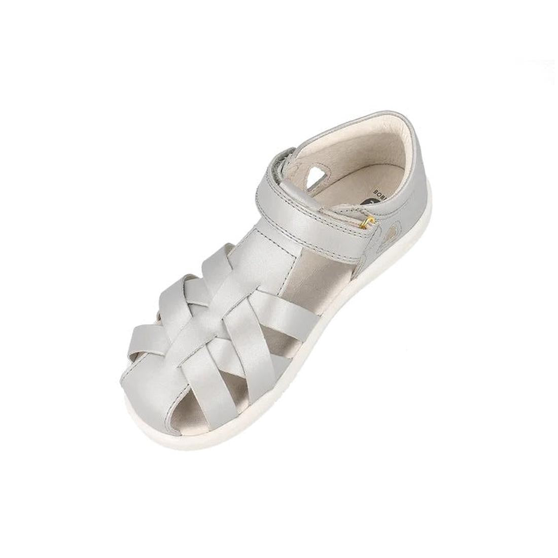 The Bobux Kids Plus KP Tropicana II Metallic Silver Quick Dry Sandal 838320 features closed-toe, woven quick-dry straps and a hook-and-loop ankle strap, shown on a white background—ideal summer sandals for active kids., 9420075778146, 9420075773325, 94200