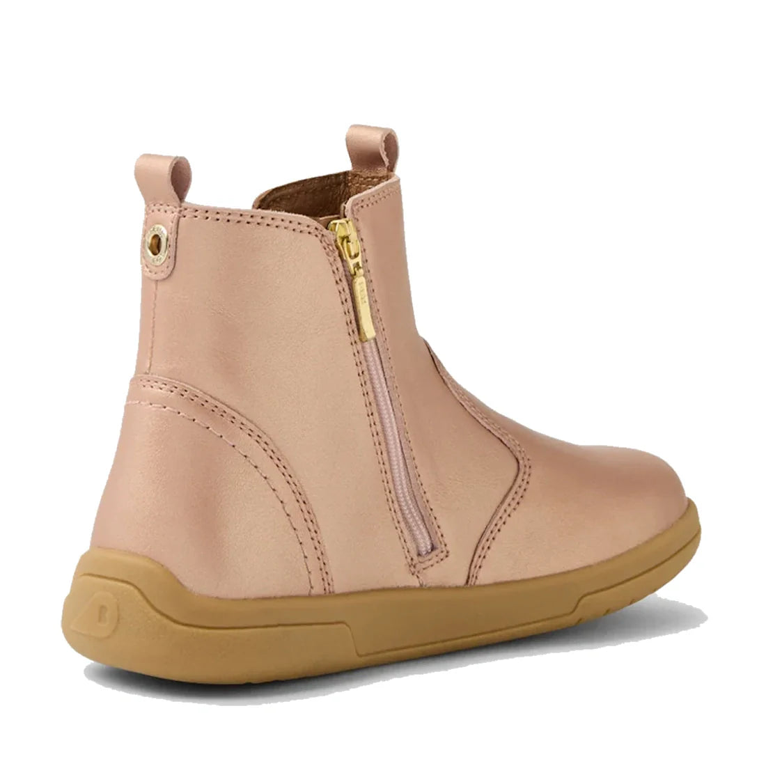 The Bobux KP Kids Plus Jodhpur 2 II Juniors Leather Boot in Rose Gold Metallic is a pink kids' leather boot with side zipper and pull tab, tan rubber sole, visible stitching, and a classic Jodhpur-inspired design., 52169, 52170, 52171, 52172, 52173, 94200