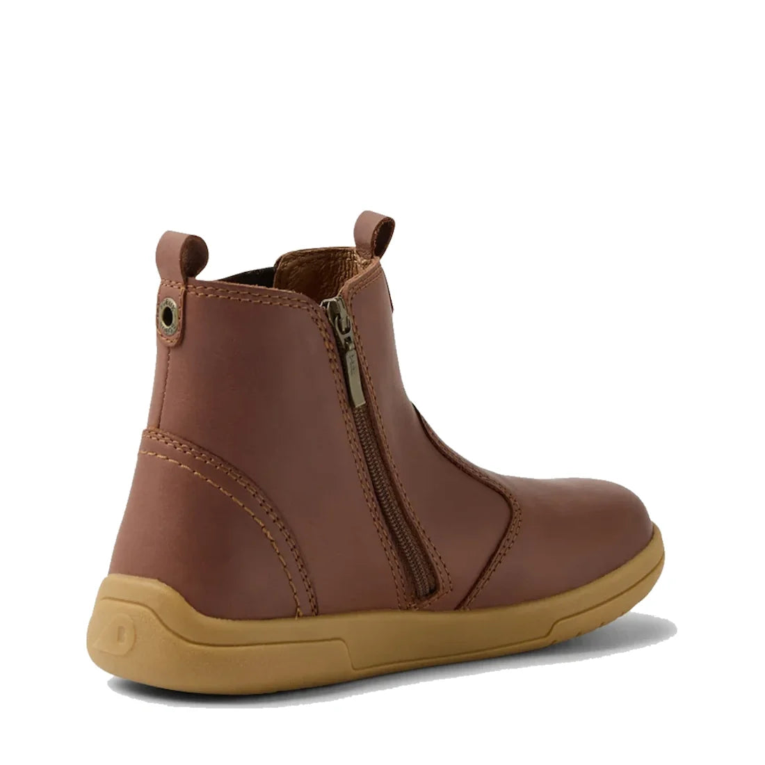 The Bobux KP Kids Plus Jodhpur 2 II Juniors Leather Boot in Toffee features a visible side zipper, pull tabs, stitched accents, and a light tan flexible sole, displayed at an angle on a white background., 52162, 52163, 52164, 52165, 52166, 9420074835451, 