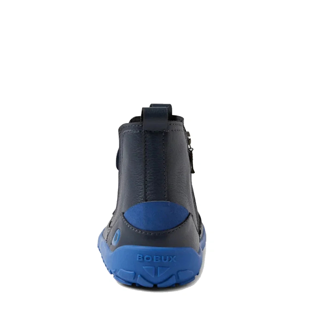 The Bobux KP Kids Plus Trail Navy Leather Boot Juniors Alpha is a child's navy blue ankle boot with a bright blue zero-drop sole, shown from the back with "BOBUX" embossed on the heel., 9420068563704, 9420068563711, 9420068563728, 9420068563735, 942006856