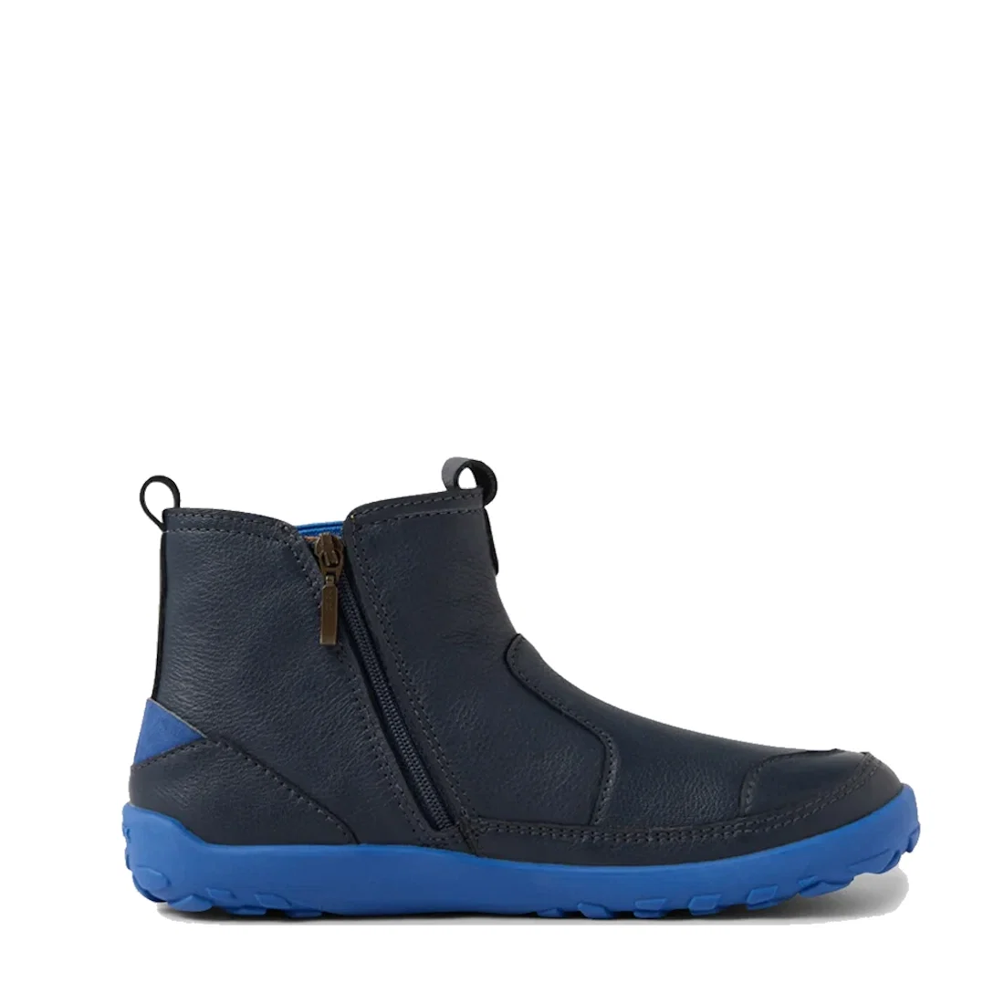 The Bobux KP Kids Plus Trail Navy Leather Boot Juniors Alpha is a navy ankle boot with a barefoot-shaped toe box, side zipper, pull tabs, and a bright blue rubber sole and heel accent with rugged tread for sporty, casual style., 9420068563704, 94200685637