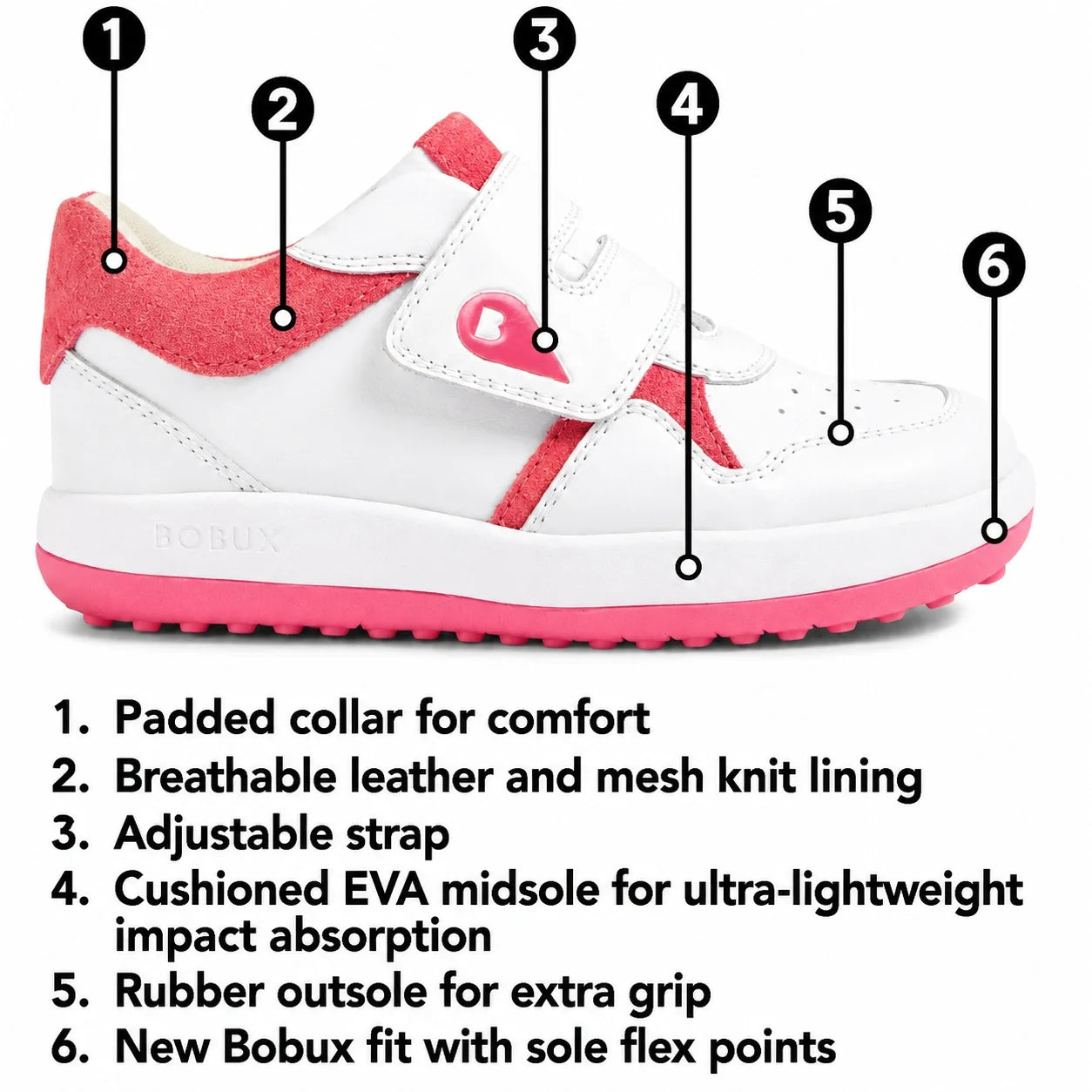 The Bobux IW Iwalk Baseline Leather Sneaker Ultimate Grey is a kids’ leather sneaker in white and pink, featuring a padded collar, breathable lining, adjustable hook and loop strap, cushioned EVA midsole, rubber outsole, and flexible sole points., 9420074