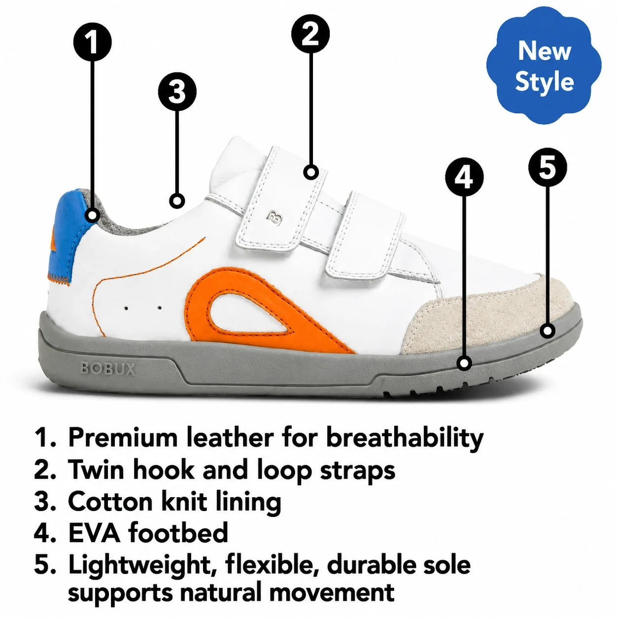 The Bobux KP Kids Plus Blaze Leather Sneaker in White Pink Metallic is designed for comfort and breathability. These stylish shoes feature a quick-drying leather upper, twin Velcro straps, soft cotton lining, cushioned insole, EVA footbed, and a flexible 