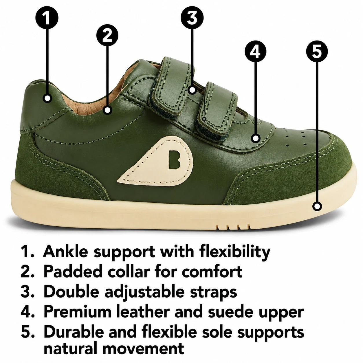 Introducing the Bobux Step Up SU Champ Sneaker First Walker White Green: a green children’s shoe with clearly labeled features such as ankle support, a padded collar, double adjustable hook-and-loop straps, and a premium leather and suede upper—typical of