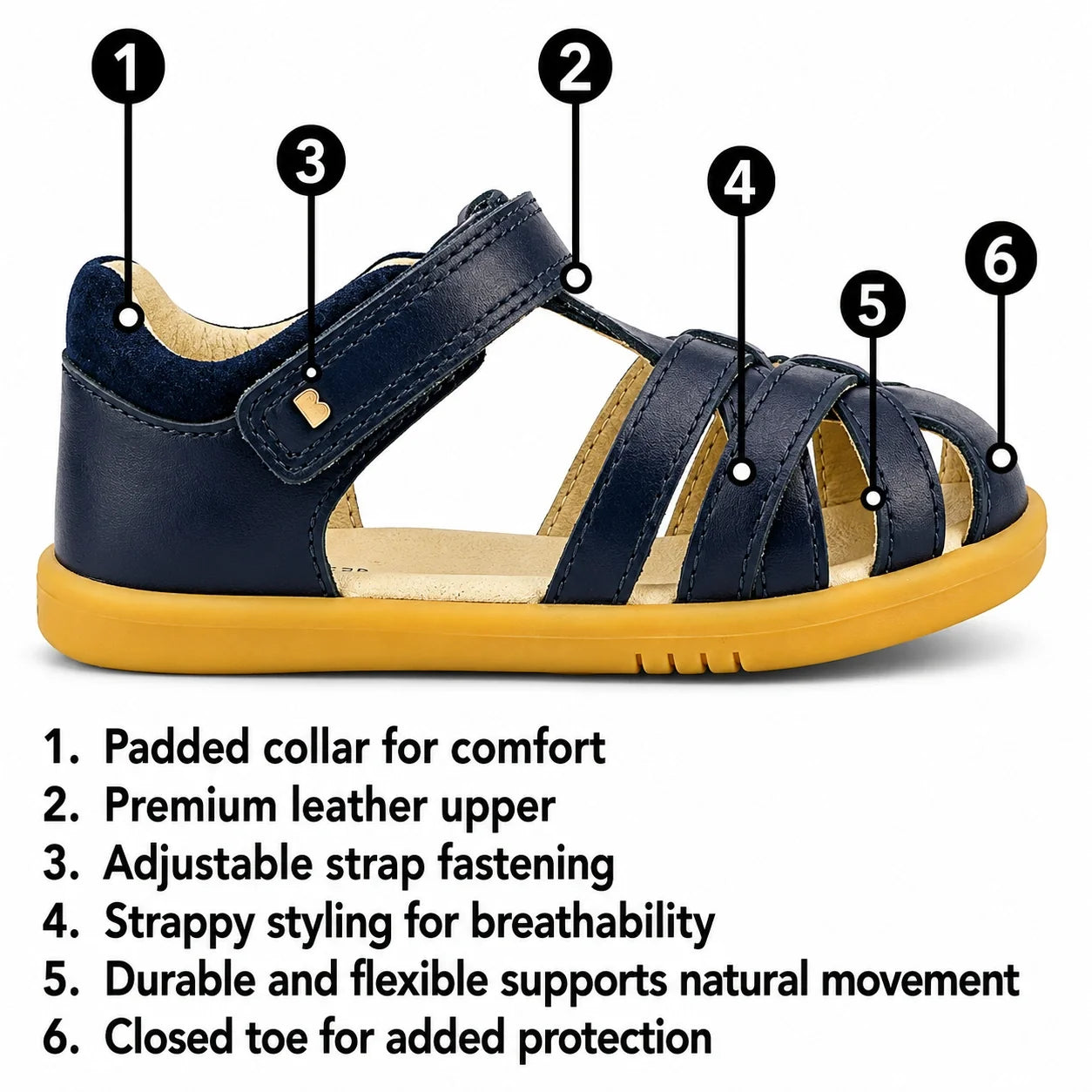 The Bobux Iwalk IW Cross Jump Toddlers Purple Haze Leather Sandal is a children’s sandal in a vibrant purple haze color with six labeled features: padded collar, leather upper, adjustable strap, strappy styling, durable sole, and closed toe. These comfort
