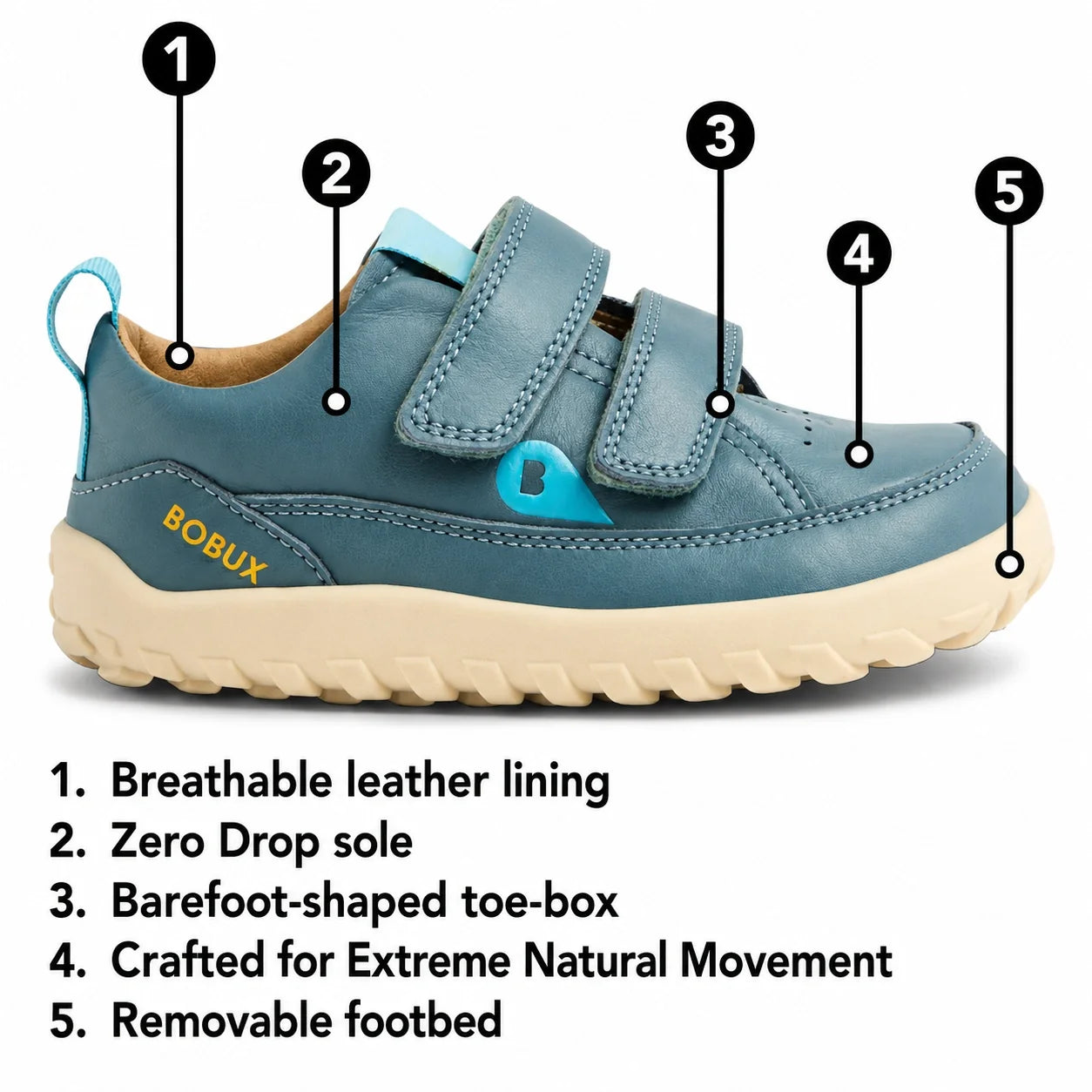 The Bobux KP Kids Plus Dawn Leather Sneaker in Vetiver Green features velcro straps, a tan sole, leather lining, a zero-drop sole for natural alignment, a barefoot-shaped wide toe box for plenty of wiggle room, a design that encourages natural movement, a