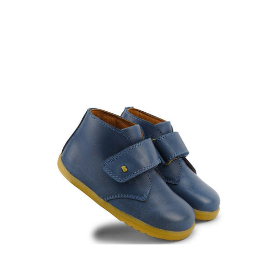 Bobux Step Up Desert Boot Midnight Blue 724830: comfy blue leather boots with secure Velcro straps and bright yellow soles for kids.  ksnz
