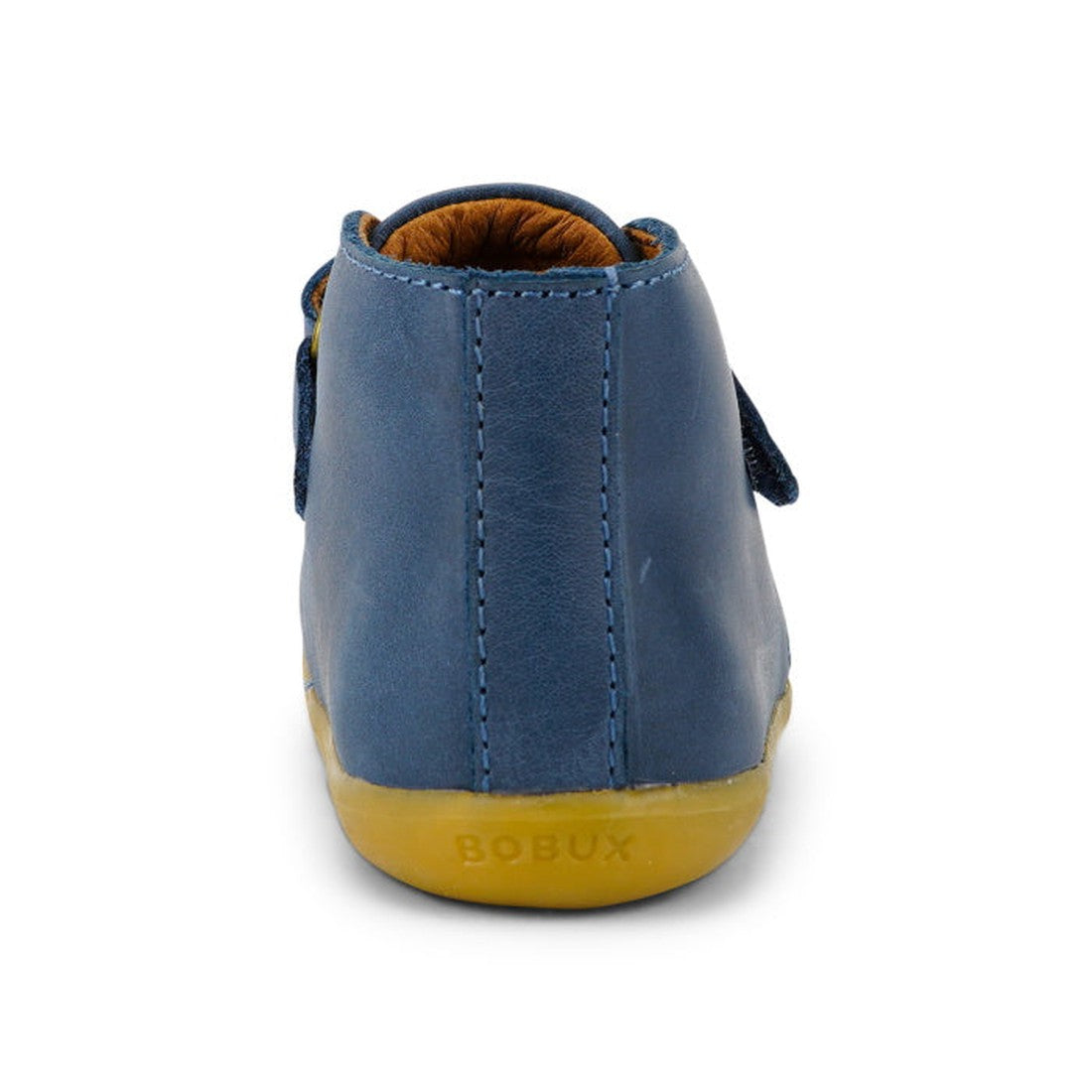 Bobux Step Up Desert Ankle Boot in Midnight Blue features easy velcro straps, sturdy yellow sole, tan lining, and comfy design for new walkers.  ksnz