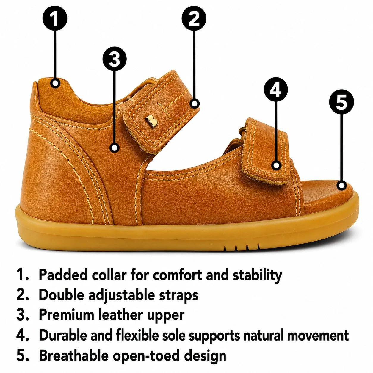A Mediterranean green open-toed sandal—the Bobux SU Step Up Driftwood First Walker Open Toe Sandal—features a padded collar, double adjustable straps, premium leather upper, durable flexible sole, and a breathable design. Perfect as boys’ leather sandals 