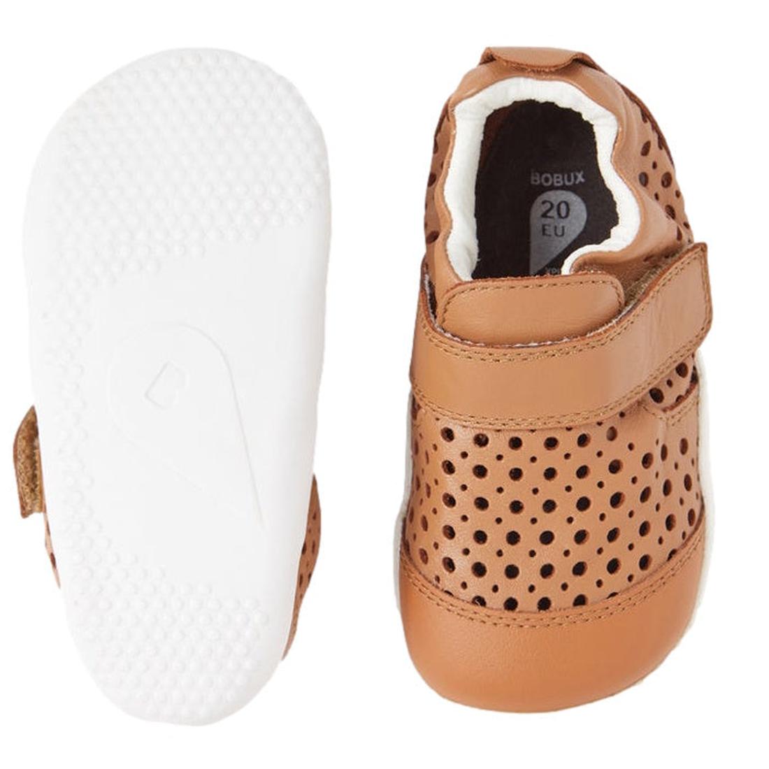 Bobux Punch First Walker Crawler Brown baby shoein leather with puch holes in the top  for areation. Left foot top down & right foot sole with white sole on a white background. Single velcro strap across the top of the foot.,
9420075785663,
9420075785670,