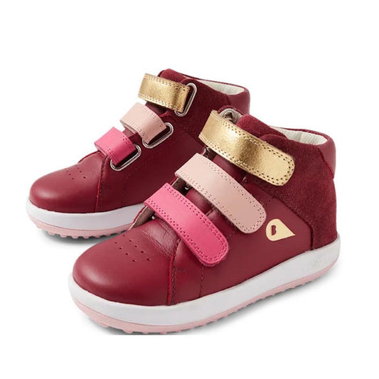 The Bobux Iwalk Gamepoint Toddlers Leather Boot Cranberry (652304) is a unisex red high-top kids' boot with triple Velcro in gold, light pink, and dark pink, a white sole, and a small heart-shaped side detail.