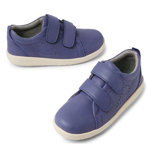 The Bobux KP Kid Plus Grass Court Future trainers in Dusk Blue/Purple feature premium leather, white soles, and two Velcro straps, designed for kids with street style. Displayed on a white background.