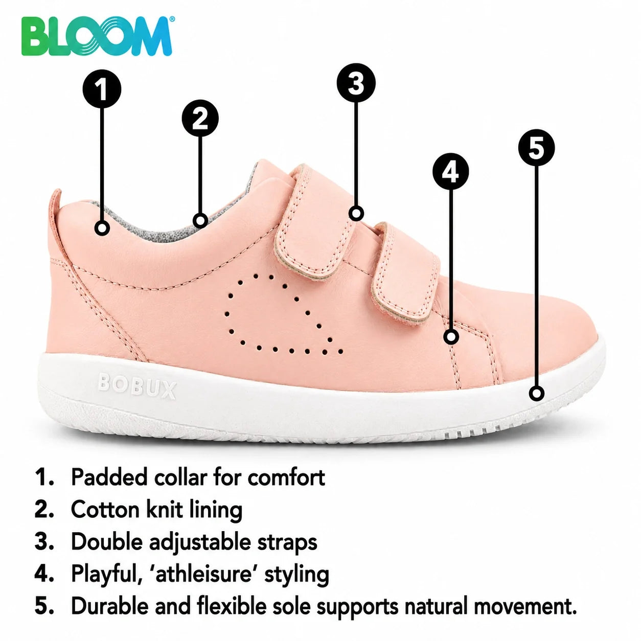 Bobux Step Up Grass Court Trainer Pink Metallic: A pink children’s shoe featuring double velcro straps, heart-shaped perforations, and labeled callouts for a padded collar, cotton knit lining, adjustable straps, playful styling, and a durable flexible sol