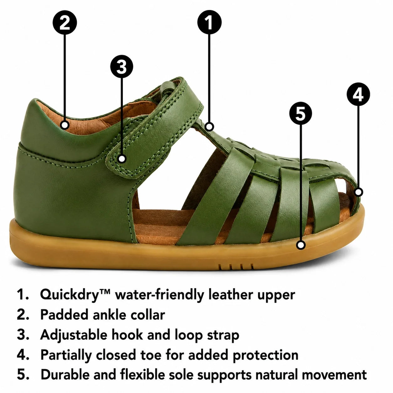 Introducing the Bobux Kid+ Plus KP Harbor Caramel Closed Toe Sandal—a kids’ closed toe sandal in a stylish green shade, featuring water-friendly leather, padded ankle collar, hook and loop strap, partially closed toe design, and a durable flexible sole. F