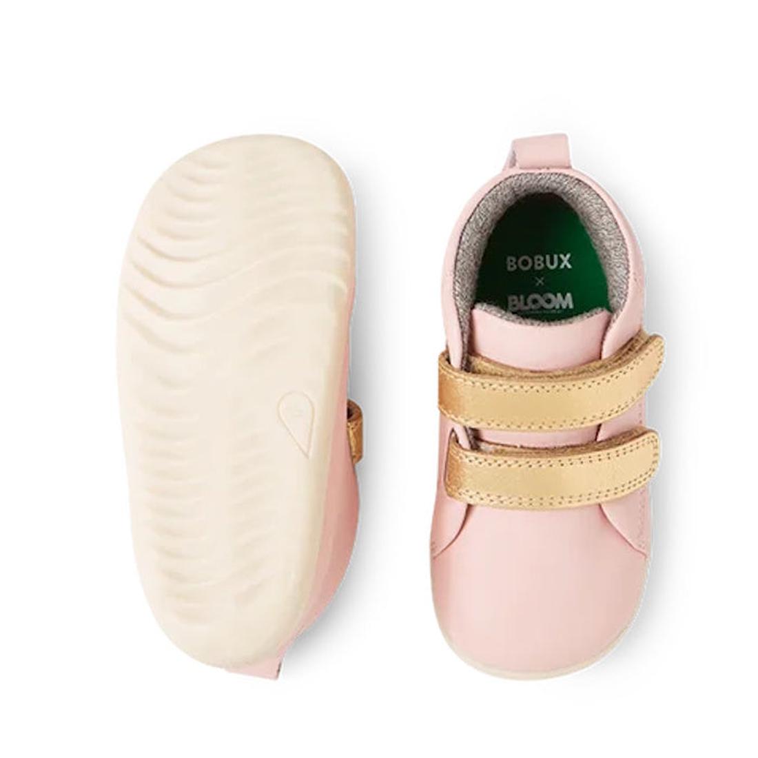 A pair of Bobux Step Up SU Hi Court Boot Ballet Pink 750818 kids leather sneakers with beige velcro straps, shown from the top (showing BOBUX x BLOOM inside) and the sole (featuring a light, textured pattern)., 42959, 9420068540583, 9420068540590, 9420068