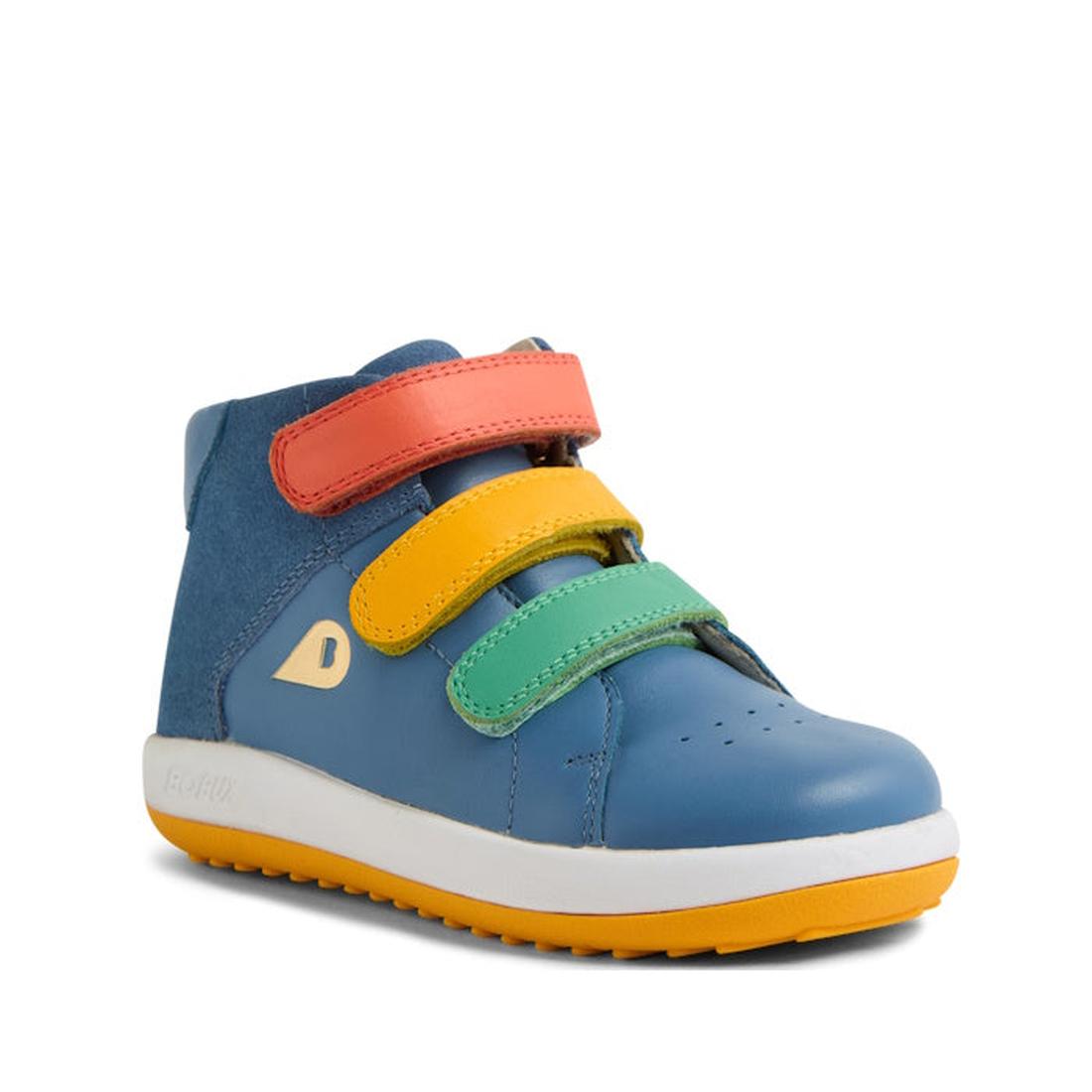 The Bobux IW Iwalk Gamepoint Leather Boot in Coronet Blue is a toddler high-top leather boot with orange, yellow, and green velcro straps, a white sole, and an orange anti-slip rubber outsole for safety., 9420074815170, 9420074815187, 9420074815194, 94200