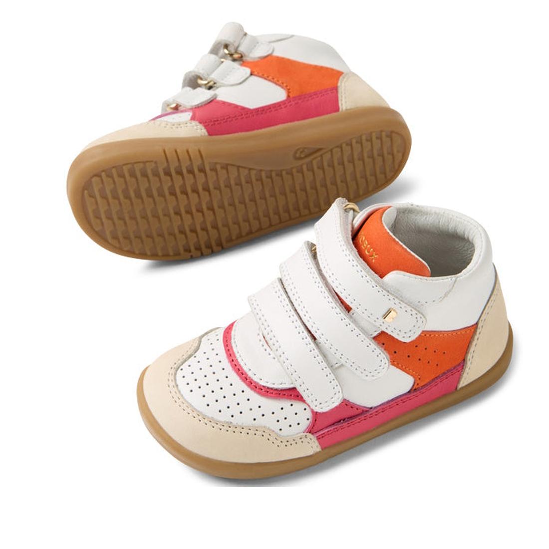 The Bobux IW Iwalk Harley Leather Boots Radiant Raspberry are kids' high-top boots with white, orange, and pink panels, beige toe caps and heels, tan rubber soles, and adjustable straps. One toddler boot stands upright; the other lies on its side., 942007