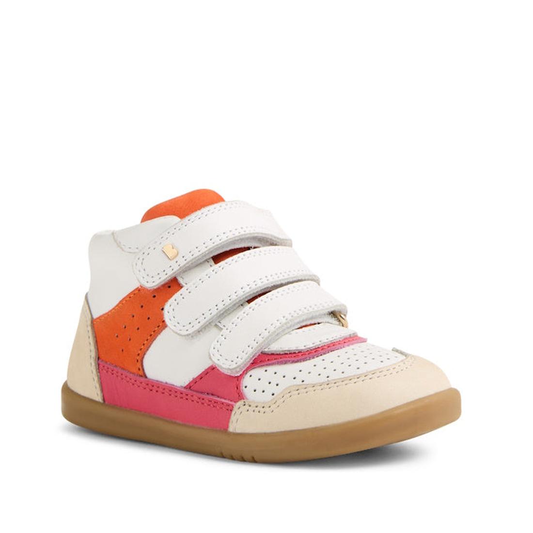 The Bobux IW Iwalk Harley Leather Boots Radiant Raspberry are children's sneakers with a beige sole, white upper, orange and pink accents, perforated details, and three adjustable straps—blending sporty comfort with stylish leather boot design., 942007483