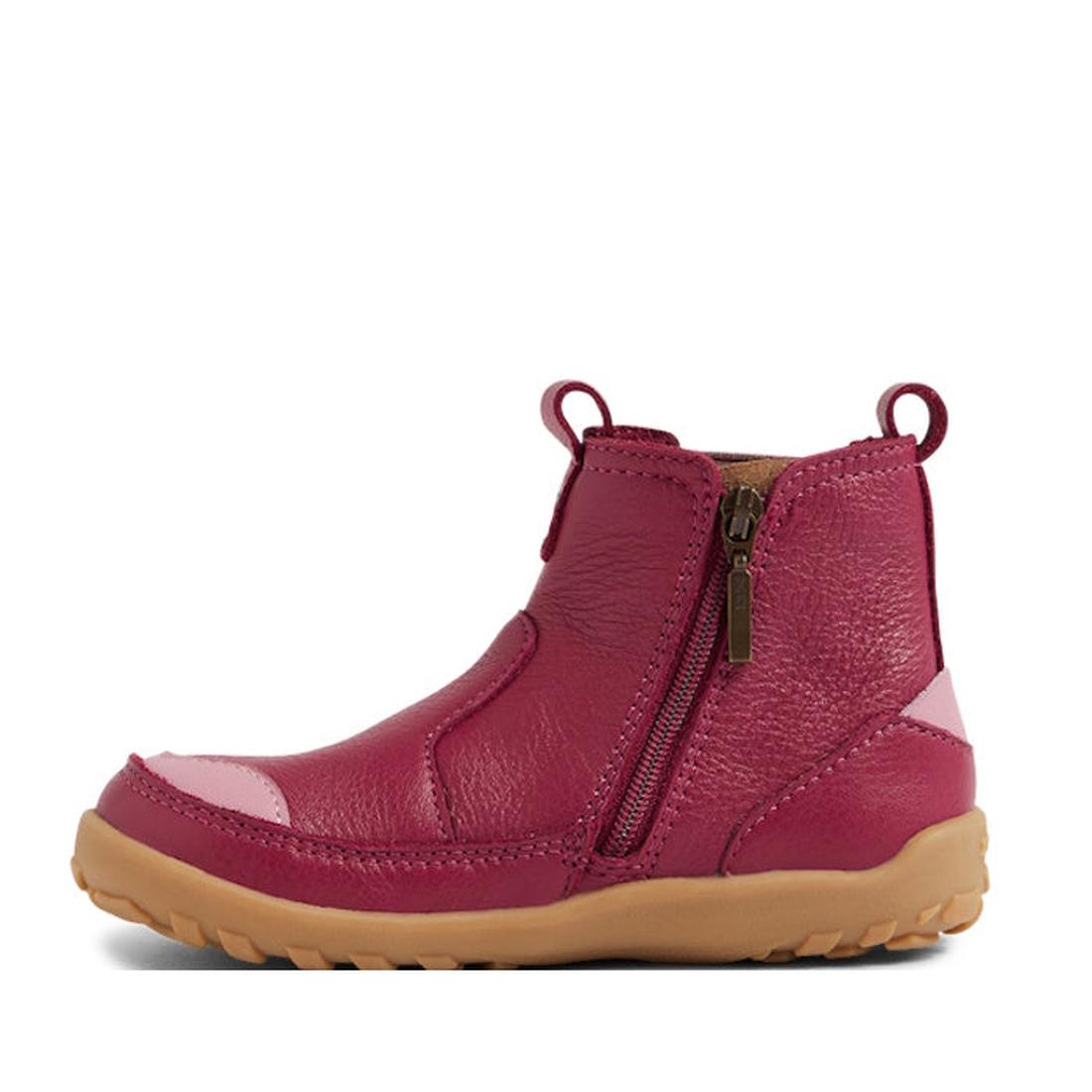 The Bobux IW Iwalk Trail Leather Boot Beaujolias Purple Alpha is a kids’ leather boot in dark purple with light accents, featuring a barefoot-shaped toe box, side zipper, pull tabs, tan rubber sole, and textured tread., 9420068563667, 9420068563674, 94200