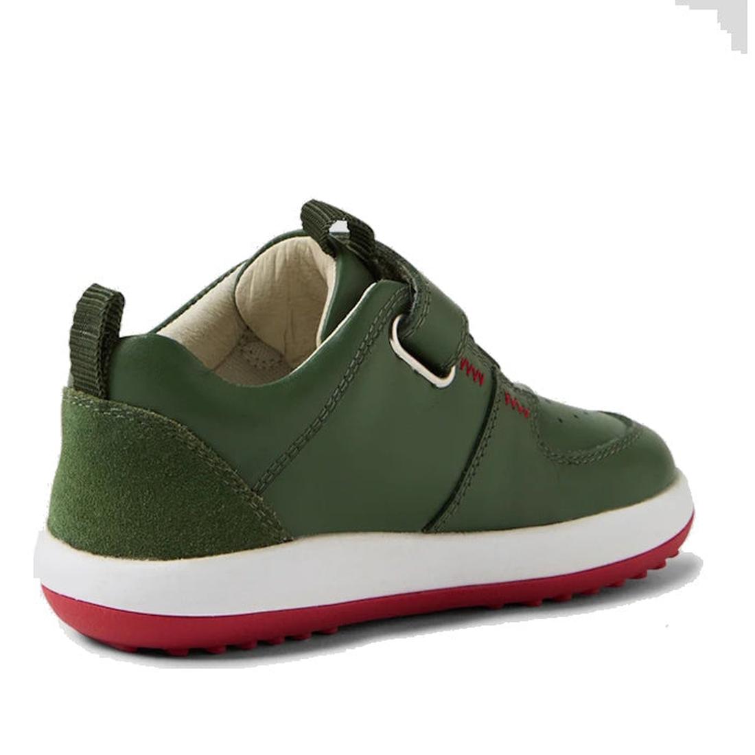 The Bobux IW Iwalk Backspin Leather Boot in Bronze Green is a kids’ sneaker with a hook and loop strap, white midsole, red outsole, and suede heel detail, shown from the back left side., 9420074818072, 9420074818089, 9420074818096, 9420074818102, 94200748