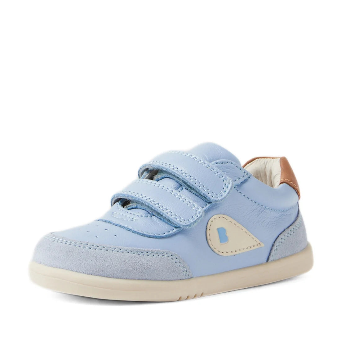 The Bobux IW Iwalk Toddlers Champ Leather Sneaker in Skyway Blue is a light blue toddler shoe featuring two hook-and-loop straps, a beige sole, beige side detail, and a brown patch on the heel, shown against a white background., 9420074856753, 94200748567