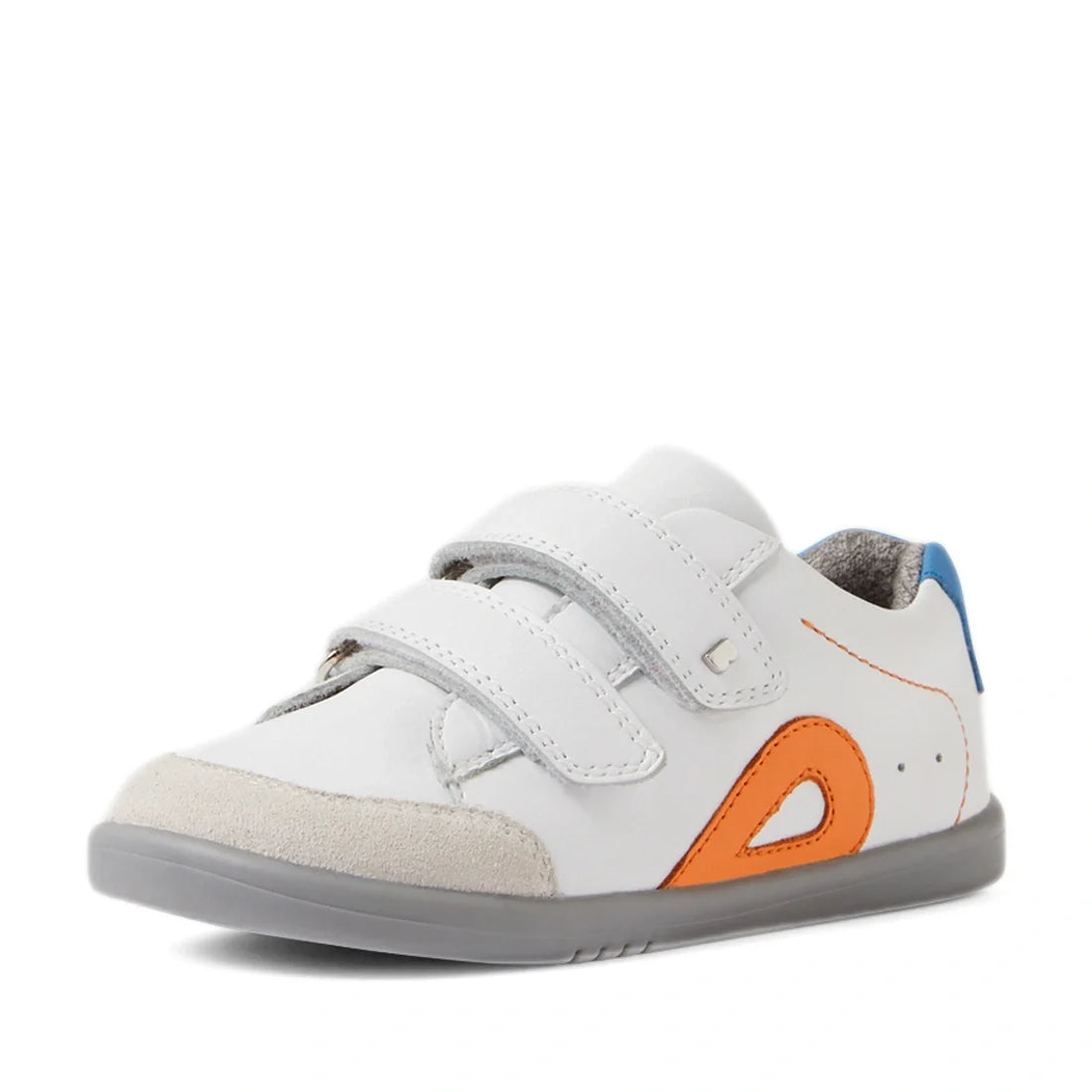 The Bobux IW Iwalk Blaze Toddlers Leather Sneaker in White Orange features a quick-drying white leather upper with two velcro straps, a gray sole, a beige toe cap, an orange side accent, and a blue heel detail—perfect everyday sneakers for adventurous tod