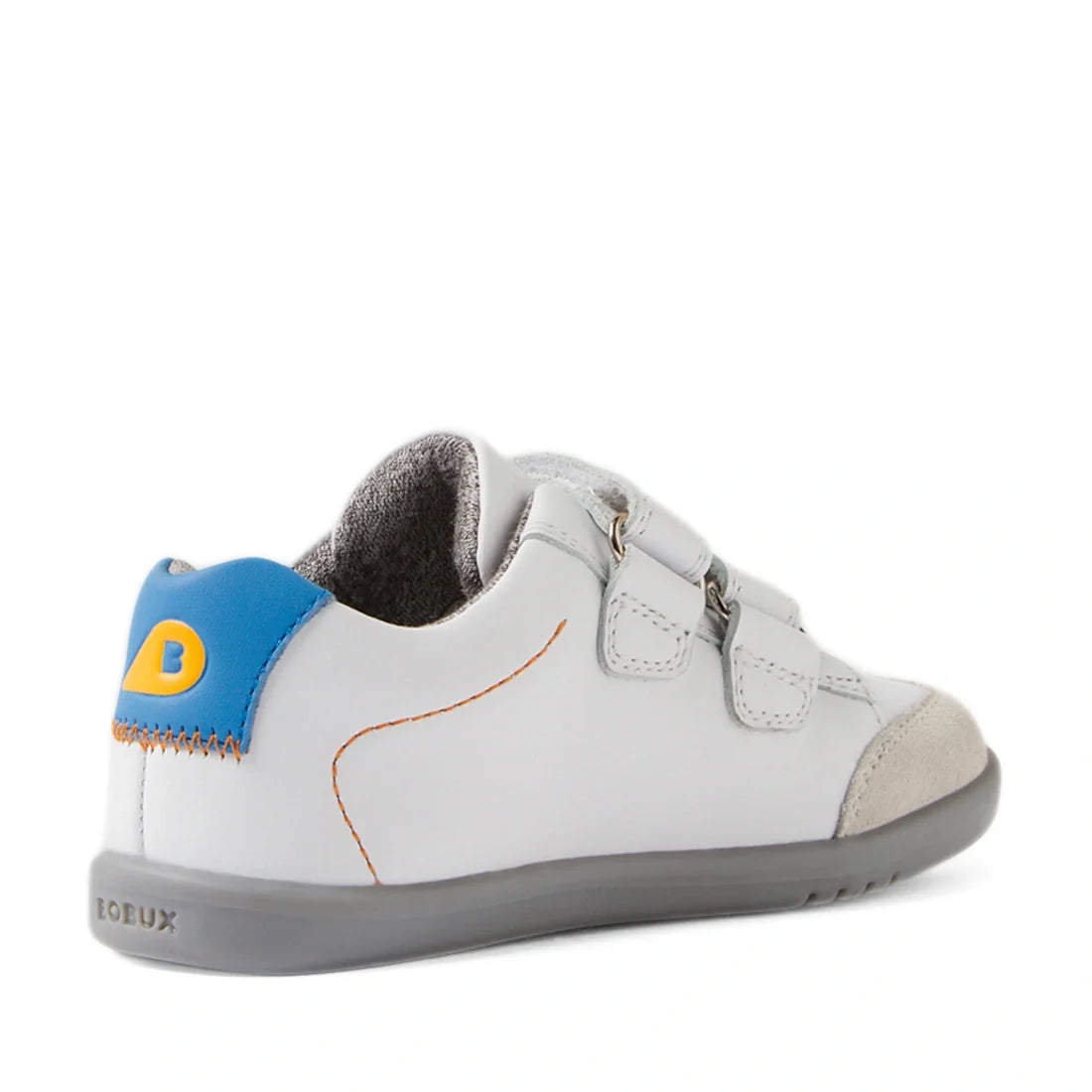 The Bobux IW Iwalk Blaze Toddlers Leather Sneaker in White Orange is a kids’ white sneaker designed for toddlers, crafted with quick-drying leather, a gray sole, blue and yellow heel detail, suede toe cap, orange stitching, and two hook-and-loop straps—sh